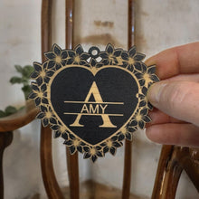 Load image into Gallery viewer, Ornament - Black - PERSONALIZED Split Letter Heart Monogram