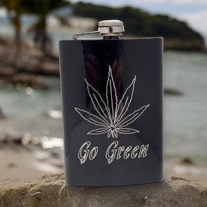 8oz Pot Leaf Black Hip Flask Hemp