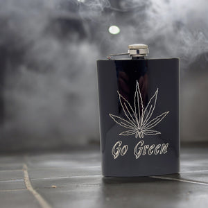 8oz Pot Leaf Black Hip Flask Hemp