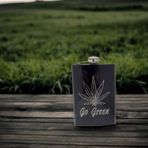 8oz Pot Leaf Black Hip Flask Hemp