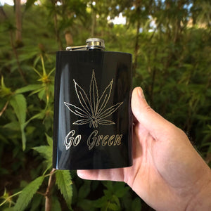 8oz Pot Leaf Black Hip Flask Hemp