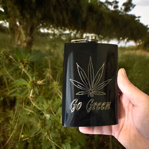 8oz Pot Leaf Black Hip Flask Hemp