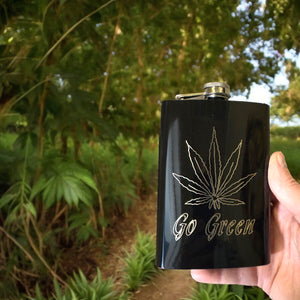 8oz Pot Leaf Black Hip Flask Hemp