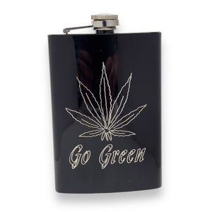 8oz Pot Leaf Black Hip Flask Hemp