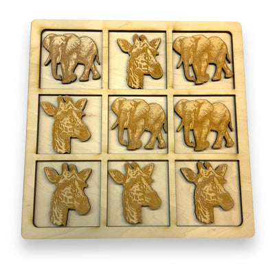 GAME - GIRAFFE AND ELEPHANT Tic Tac Toe - Raw Wood Board Game - Great for traveling