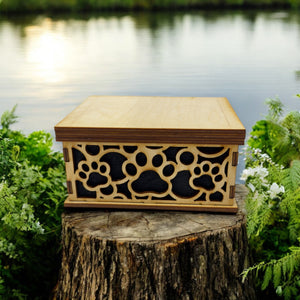 Paw Print Fitted Lid Pet Urn - Birch Wood