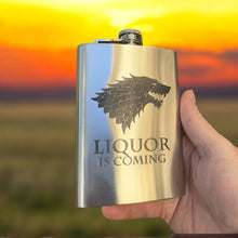 Load image into Gallery viewer, 8oz Liquor Is Coming Stainless Steel Flask