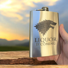 Load image into Gallery viewer, 8oz Liquor Is Coming Stainless Steel Flask