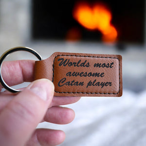 Keychain - Rectangle - Worlds most awesome Catan player - Leather