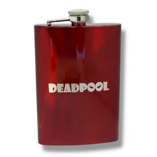 Load image into Gallery viewer, 8OZ Deadpool Flask - BLACK, RED, STAINLESS, OR 6OZ LEATHER