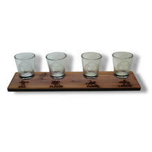 Load image into Gallery viewer, 4 Horsemen of the Apocalypse - set Flight Board with 4ea Rocks Glasses, shot glasses, Rawhide keychains, Cedar Coasters