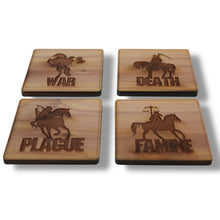 Load image into Gallery viewer, 4 Horsemen of the Apocalypse - set Flight Board with 4ea Rocks Glasses, shot glasses, Rawhide keychains, Cedar Coasters