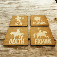 Load image into Gallery viewer, 4 Horsemen Wood Coaster Set of four 4x4in Raw Wood