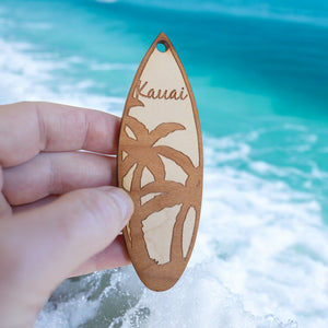 Ornament - Kauai Palm Tree Surfboard - Raw Wood Maple