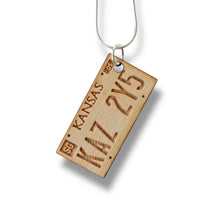 Load image into Gallery viewer, Necklace - Kansas License Plate - Key of Life Snake and Cable Link chains - Birch Wood