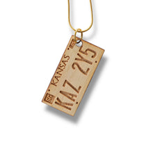 Load image into Gallery viewer, Necklace - Kansas License Plate - Key of Life Snake and Cable Link chains - Birch Wood