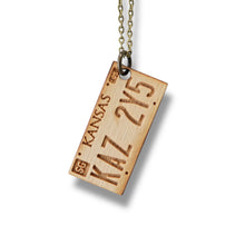 Load image into Gallery viewer, Necklace - Kansas License Plate - Key of Life Snake and Cable Link chains - Birch Wood
