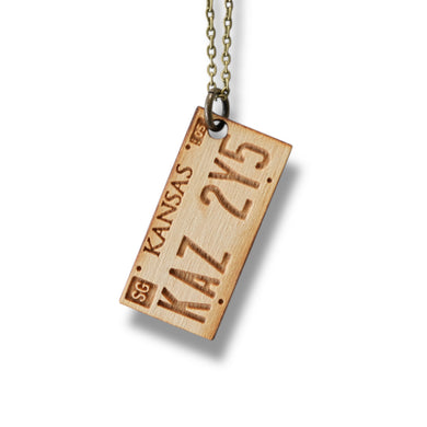 Necklace - Kansas License Plate - Key of Life Snake and Cable Link chains - Birch Wood