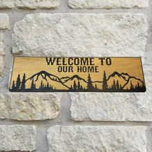 Load image into Gallery viewer, Welcome to our Home Mountain Scene 4x12 BLACK Sign