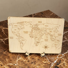 Load image into Gallery viewer, World Map - Art - Raw Wood 18x12 Inches - With Stand