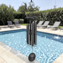 Load image into Gallery viewer, HipFlaskPlus personalized black powder-coated aluminum wind chime with laser-engraved memorial tree design