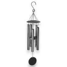 Load image into Gallery viewer, HipFlaskPlus personalized black powder coated aluminum wind chime with orange peel texture and laser engraved sail.