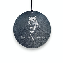 Load image into Gallery viewer, HipFlaskPlus personalized black powder-coated aluminum wind chime sail with laser-engraved horse and memorial text