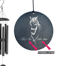 Load image into Gallery viewer, HipFlaskPlus personalized black powder-coated aluminum wind chime featuring a laser-engraved horse and custom text.