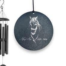 Load image into Gallery viewer, HipFlaskPlus personalized black powder-coated aluminum wind chime with laser-engraved horse design and memorial text