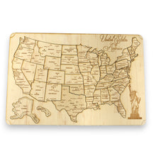 Load image into Gallery viewer, 50 State WITH CITIES American Puzzle Map Lady Liberty - Art Kit - Raw Wood 12x18 Inches - 51 Pieces - With Stand