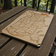 Load image into Gallery viewer, 50 State BIGFOOT WITH CITIES American Puzzle Map - Art Kit - Raw Wood 12x18 Inches - 51 Pieces - With Stand