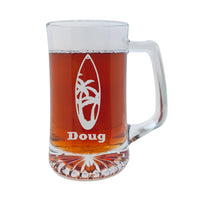 Load image into Gallery viewer, 25oz Beer mug with handle - PERSONALIZED - Palm Tree Surfboard