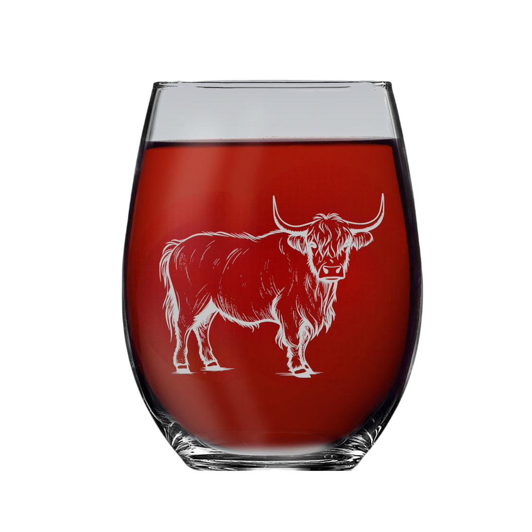 15oz Stemless Wine Glass - Highland Cow