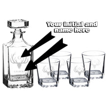 Load image into Gallery viewer, 750ml Decanter Set - PERSONALIZED (name and Initial) - Antlers - with 4 11oz glasses