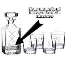 Load image into Gallery viewer, 750ml Decanter Set - PERSONALIZED - Viking Protection Rune  - with four 11oz glasses