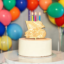Load image into Gallery viewer, Cake Topper - Motorcycle with flag - Raw Wood