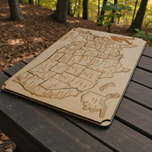Load image into Gallery viewer, 50 State BIGFOOT WITH CITIES American Puzzle Map - Art Kit - Raw Wood 12x18 Inches - 51 Pieces - With Stand