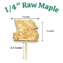 Load image into Gallery viewer, Cake Topper - Motorcycle with flag - Raw Wood