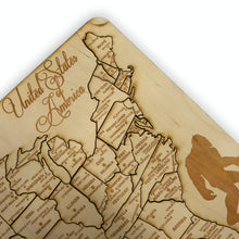 Load image into Gallery viewer, 50 State BIGFOOT WITH CITIES American Puzzle Map - Art Kit - Raw Wood 12x18 Inches - 51 Pieces - With Stand