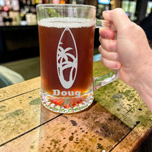 Load image into Gallery viewer, 25oz Beer mug with handle - PERSONALIZED - Palm Tree Surfboard