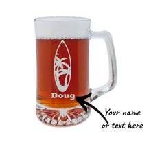 Load image into Gallery viewer, 25oz Beer mug with handle - PERSONALIZED - Palm Tree Surfboard