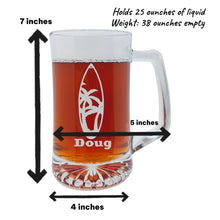 Load image into Gallery viewer, 25oz Beer mug with handle - PERSONALIZED - Palm Tree Surfboard