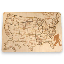 Load image into Gallery viewer, 50 State BIGFOOT WITH CITIES American Puzzle Map - Art Kit - Raw Wood 12x18 Inches - 51 Pieces - With Stand