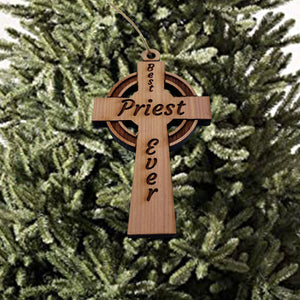 Best Priest Ever Celtic Cross - Cedar Ornament