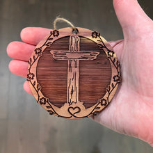 Load image into Gallery viewer, Cross and Heart - Cedar Ornament