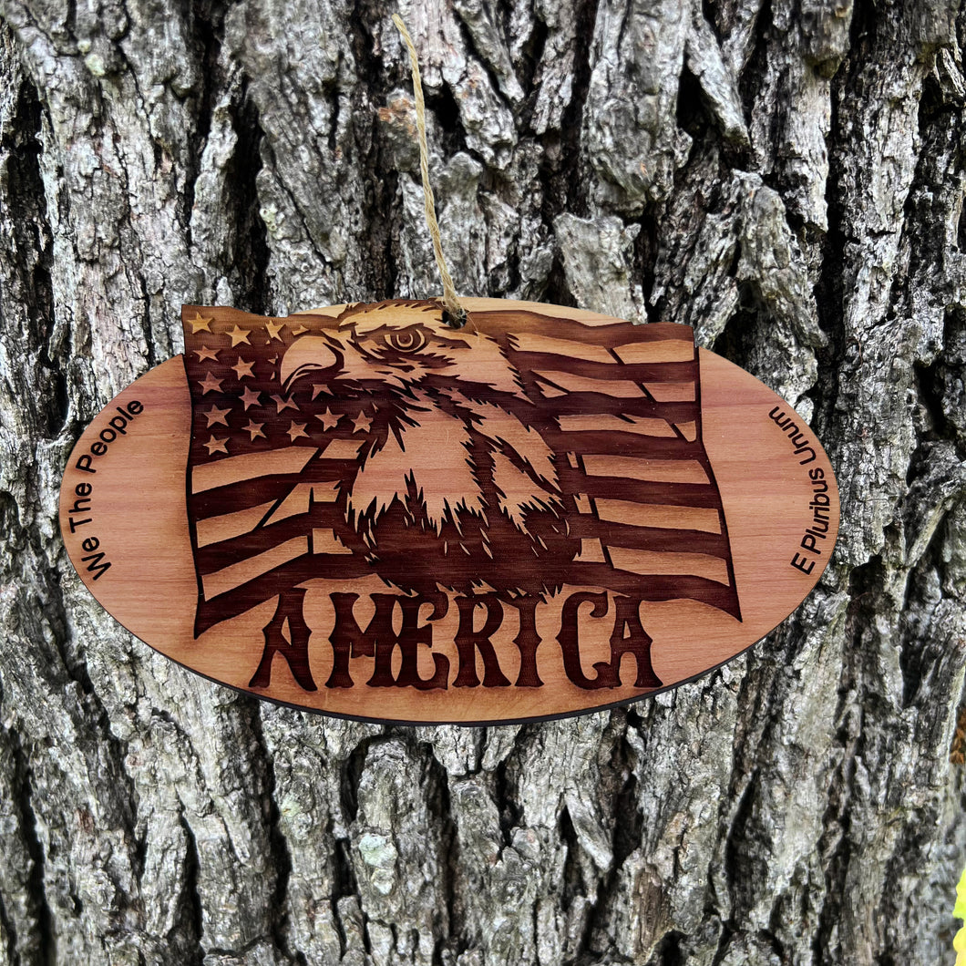 Eagle and American flag - Cedar Ornament