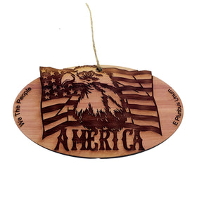 Eagle and American flag - Cedar Ornament