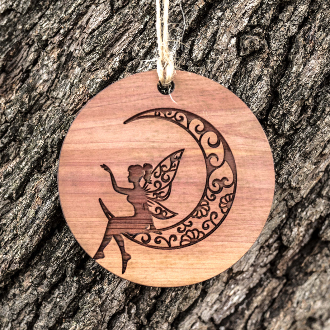 Fairy Moon - Raw Cedar Ornament 3x3in