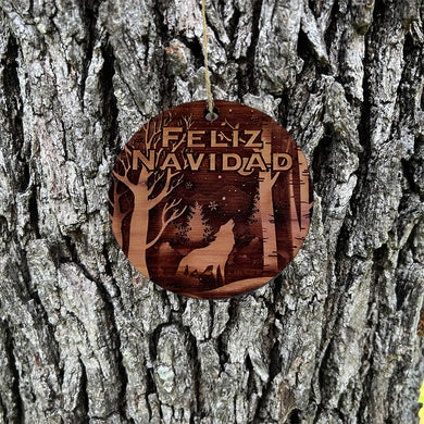 Feliz Navidad Winter Wolf - cedar ornament