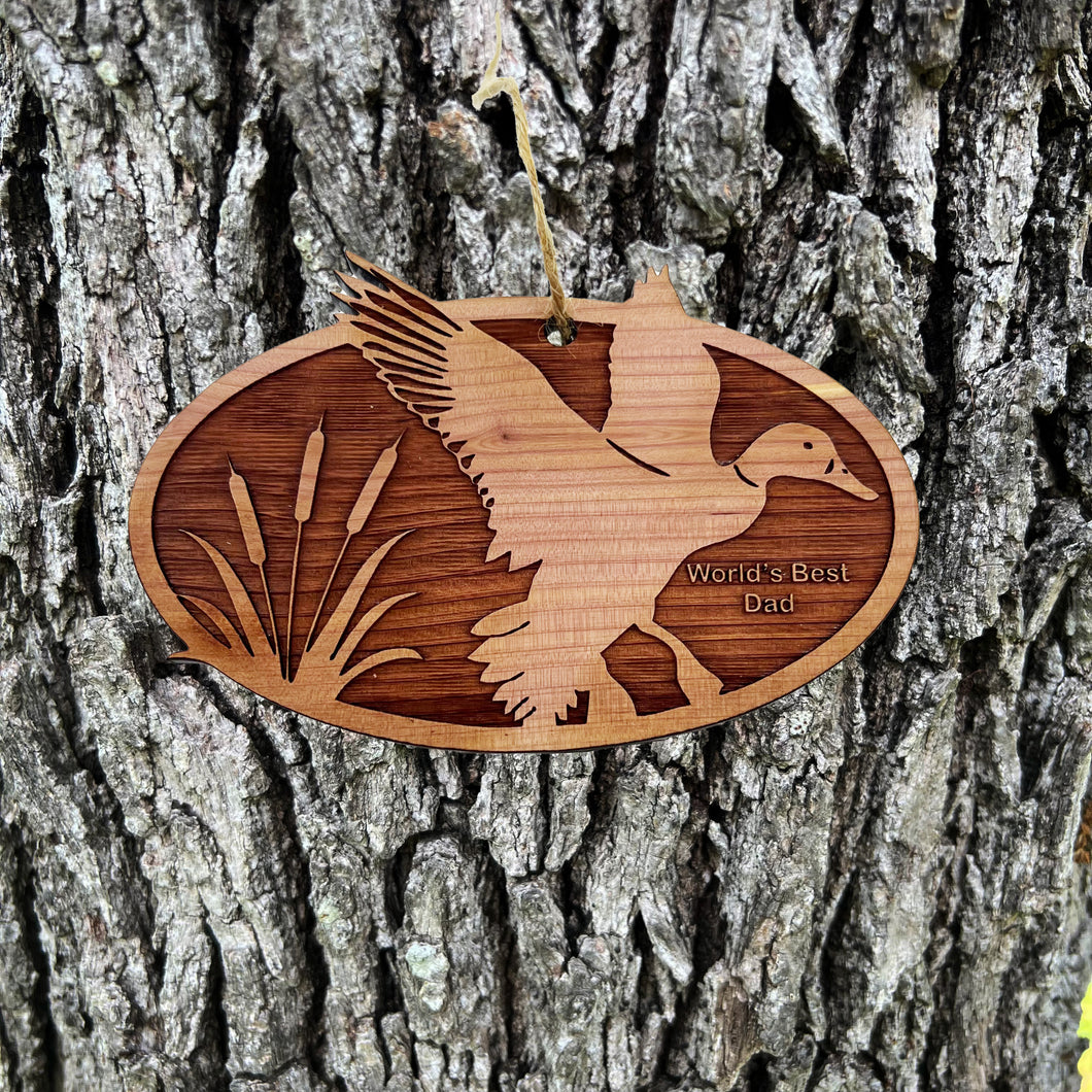 Flying Duck Worlds Best Dad - Cedar Ornament